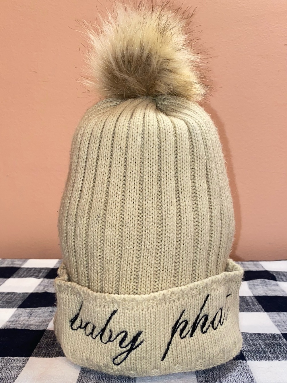 Baby Phat Ribbed Knit Winter Hat with Faux Fur Pom Pom, Script Embroidery Tan